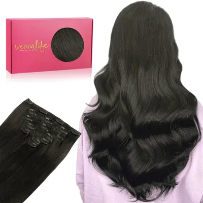 Image de Extensions à clipser, cheveux naturels, 70g, 7 pièces, 45 cm, couleur noire naturelle, cheveux Remy