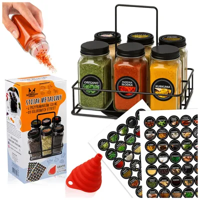 Zdjęcie produktu dla SuperButelki - Przyprawnik obrotowy stojak FALA + 6x słoiczki na przyprawy + 80x naklejki + lejek, organizer kuchenny, na prezent, do kuchni, na blat