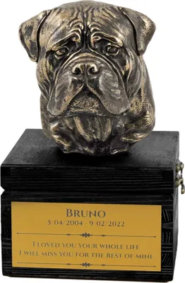Produktbild von Bullmastiff - eine Urne mit Gravur und Hundeskulptur, letzter Abschied, handgefertigtes Produkt der Marke Art-Dog
