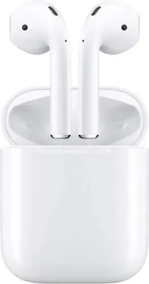 A pair of white wireless earbuds and their charging case are displayed against a white background.