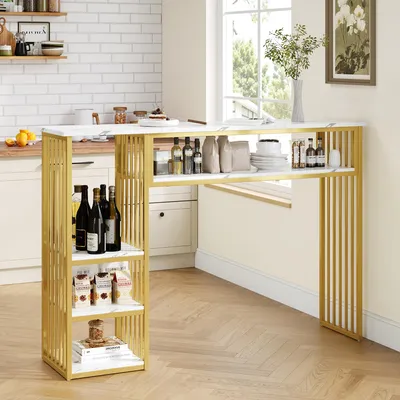 Zdjęcie produktu dla Stół barowy Merax z miejscem do przechowywania, stół barowy z blatem imitującym marmur, kuchenny blat z 3 półkami i metalową konstrukcją, stół do śniadań, kolor biały i złoty