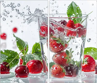 Produktbild von Spritzschutz Herdabdeckplatte Schneidebrett aus Glas Erdbeeren und Kirschen 2-Teilig (60x52cm)