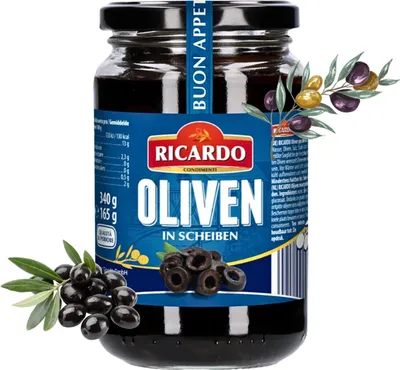 Produktbild von RICARDO Feinkost schwarze Oliven in Scheiben 340g geschnitten