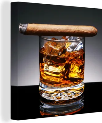 Zdjęcie produktu dla MuchoWow® - Obraz na płótnie - Whisky - Cygaro - Kieliszek, obraz na ścianę, dekoracja ścienna do salonu, 50x50cm