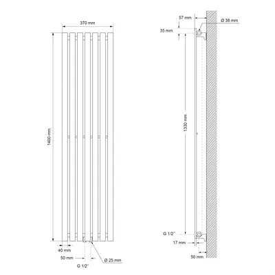 Produktbild von LuxeBath Flachheizkörper Einlagig, 370x1400 mm, Weiß, mit Mittelanschluss, ohne Heizstab