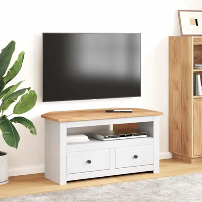 A TV stand with a TV on the wall above it, in a room setting.