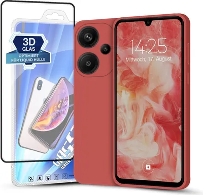 Produktbild von Hülle für Xiaomi Redmi Note 13 Pro+ 5G mit 9H Displayglas Displayschutz Plus Case Cover Bumper Silikon Softgrip Schutzhülle Farbe: Rot