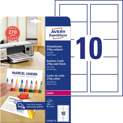 Produktbild von Avery Zweckform C32026-10, Premium Visitenkarten, 85 x 54 mm, beidseitig beschichtet, 100 Karten / 10 Bögen