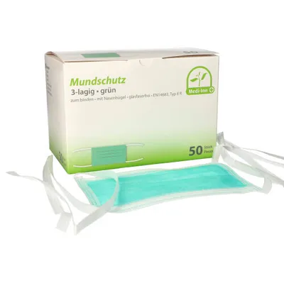 Produktbild von "Medi-Inn®" Mundschutz Type IIR 3-lagig 9 cm x 17,5 cm grün mit Nasenbügel, zum Binden