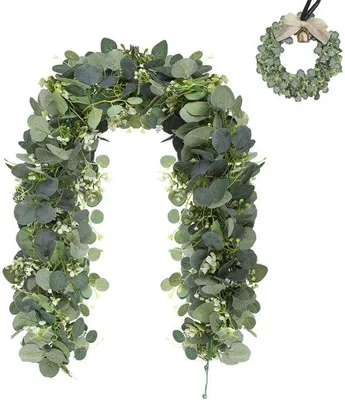 Image de Feuilles d'eucalyptus artificielles, 1,8 m, feuilles vertes avec des fleurs blanches, plante décorative artificielle, décoration d'intérieur, pour mariage, bouquet