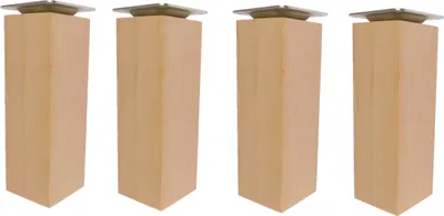 Four wooden furniture legs with metal plates on top, arranged in a row against a white background.