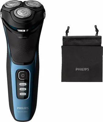 Obrázek produktu pro Philips 3000 series Shaver series 3000 S3232/52 Elektrický strojek, mokré a suché holení, řada 3000, Rotační holicí strojek, Černá, Modrá, Nabíjecí, Výkon, Baterie, Lithium-ion (Li-ion), Zabudovaná baterie