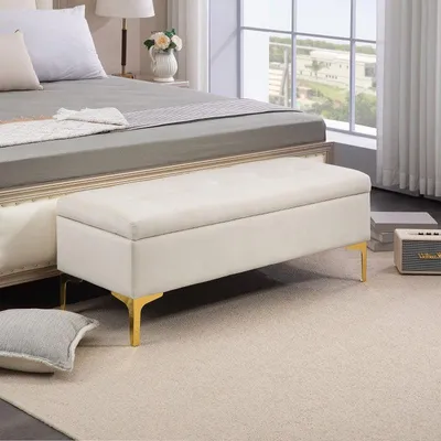 Image de Banc de rangement avec rembourrage en velours et pieds dorés | Couleur : Beige | Dimensions : 44 x 120 x 44,5 cm