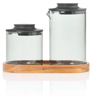 Produktbild von AdHoc Milch- und Zucker Set Impact, 3-tlg. Set, Füllmenge ca. 250 ml / 180 g, Glas grey/Akazienholz, Milchkännchen D 7 cm, H 12,3 cm, Zuckerdose D 7 cm, H 8,4 cm, Untersetzer L 15,5 cm, B 8 cm, H 1,5 cm