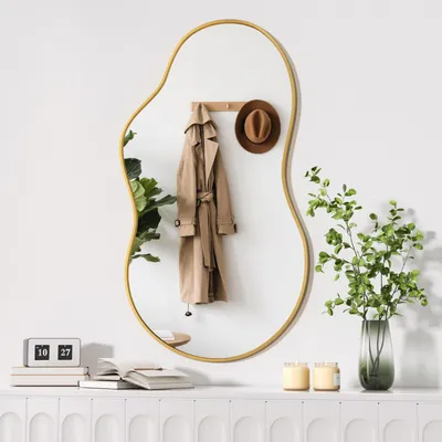 Zdjęcie produktu dla Nieregularny, asymetryczny lustro ścienne, 50 x 90 cm, złota rama, dekoracyjne, idealne do salonu, sypialni lub łazienki