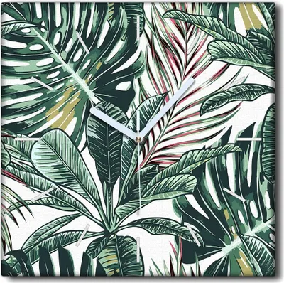 Produktbild von Coloray Uhr auf Leinwand 30x30 cm Wand Uhr Dekoration Wohnzimmer Segeltuch weiße Zeiger -Tropen Palm-Aquarelle.