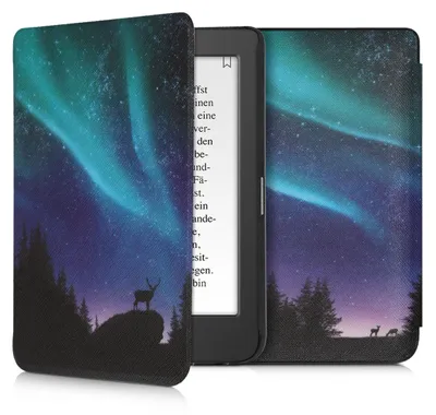 Produktbild von kwmobile Schutzhülle für Tolino Page 2 Hülle - eReader Flip Case mit Auto Sleep Funktion - Polarlicht Hirsche mit Türkis Blau Schwarz