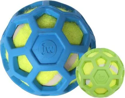Two JW ProTEN Hol-EE Roller dog toys, one blue and one green, are shown against a white background. Both toys are hollow and contain yellow tennis balls.