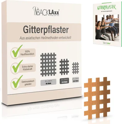 Produktbild von BACKLAxx® Gittertape - 120 Stück  Gitterpflaster Set in Größe Typ b - GRATIS umfangreiches eBook mit über 60 Anwendungsbeispielen