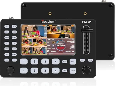 Zdjęcie produktu dla Wieloformatowy przełącznik wideo Destview FA80P z 5-calowym ekranem LCD, obsługujący transmisję T-bar, sterowanie kamerami PTZ, zintegrowane wejście 4 x HDMI + wyjście 2 x HDMI PGM + wyjście 1 x UVC do transmisji na żywo, e-sportu, zawodów, wywiadów, edukacji