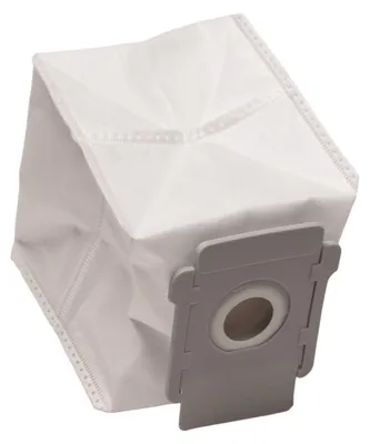 A white vacuum cleaner bag with a gray plastic connector.