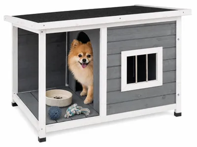 Produktbild von KOMFOTTEU Hundehütte Outdoor, wasserdichte Hundehöhle 86 x 63 x 60 cm, Haustierhaus mit aufklappbarem Asphaltdach, erhöhtem Boden & Fenster, Kleintierhaus für Hunde, Katzen, Grau