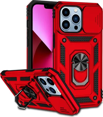A red iPhone 12 Pro Max case with a sliding camera cover and a ring holder stand is displayed from multiple angles against a white background.