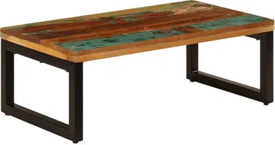 A rectangular coffee table with a reclaimed wood top and black metal legs, shown against a white background.