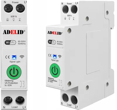 A white smart WIFI circuit breaker with a green power button and blue indicator lights.