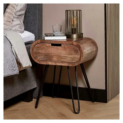 Produktbild von Nachttisch Sanoe aus Massivholz mit Schublade, Stauraum im Industrial Style, 60 cm hoch, abgerundete Ecken, Holz & Metall, hellbraun