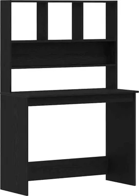 A black wooden desk with shelves on top, shown against a white background.