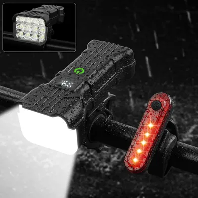 Immagine prodotto di Lampada per bicicletta con 12 LED, luci anteriori e posteriori, ricaricabile, impermeabile IP65, 1800 mAh, 9500 lumen, con 6 + 5 modalità, e luce anteriore con cicalino