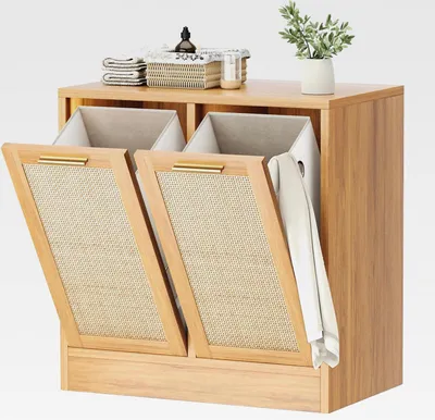 Produktbild von Badezimmerschrank mit 2 faltbaren Wäschesäcken,Wäscheschrank mit Magnetverschluss & Echtes Rattan-Design, Wäschekorb Schrank Kippschutz,Badmöbel, 66 x 39,5 x 68 cm, Natürlich
