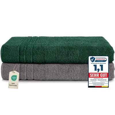 Produktbild von Komfortec 2er Saunatuch Set 80x200 cm aus 100% Baumwolle, XXL-Saunatücher, Sauna Handtuch, Weich, Groß, Frottee, Schnelltrocknend, Anthrazit Grau/Dunkelgrün