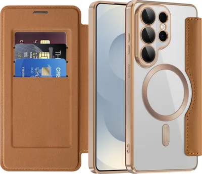 Produktbild von Klapphülle für Samsung Galaxy S26 Ultra Kompatibel mit Magsafe, Klar Überzug Kartenhalter Ledertasche mit Kameraschutz Braun