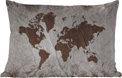 Produktbild von MuchoWow® Outdoor Kissen - Weltkarte - Holz - Blumen - 60x40 cm - Wetterfest - Lounge Kissen - Zierkissen - Kissen für Innenräume