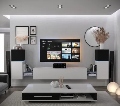 Produktbild von Furnitech Wohnwand Wohnzimmer - Wohnzimmer Möbel mit LED RGB - 16 Farben - Hängend Wohnwand Modern - Regale und TV Schrank (AN104-21BW-M5 1A)