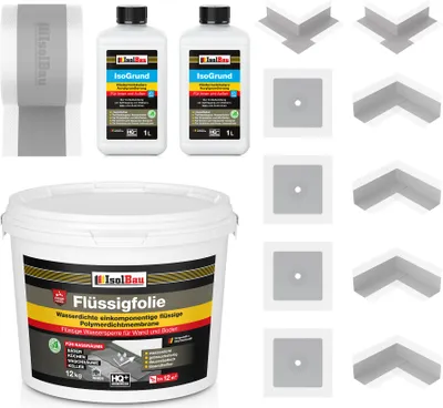 Produktbild von Isolbau Dicht-Set - Inkl. 1x Flüssigfolie (12 kg), 2x Grundierlösung (je 1 L), 1x Dichtband (20 m), 4x Innenecken, 2x Außenecken & 2x Manschetten