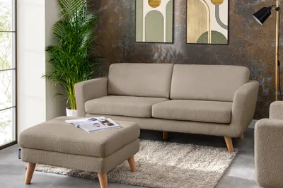 Produktbild von KONSIMO Sitzhocker Gestell aus Massivholz "TAGIO", Braun, Bouclé-Stoff, Scandinavian, 80x46x65cm
