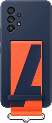 A dark blue Samsung phone case with an orange and dark blue strap attached.