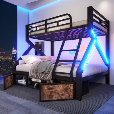 Obrázek produktu pro Patrová postel 90x200/140x200 cm s botníkem, 2 úložnými prostory, LED osvětlením, bezpečnostní zábranou a žebříkem, vyrobená z kovu a MDF, barva černá/bílá
