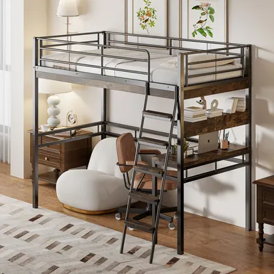A loft bed with a desk and shelves underneath, set up in a bedroom.
