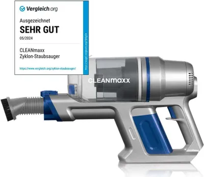 A cordless vacuum cleaner is shown against a white background, with a review badge in the top left corner.