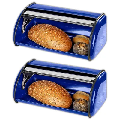 Produktbild von 2er Set Edelstahl Brotkasten blau mit Lüftungslöcher Rollbrotkasten Brotbehälter Brotkiste Brotbox Design Brot Behälter Kasten Metall