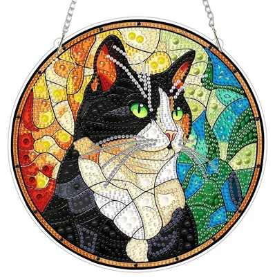 Obrázok produktu pre Sada na tvorbu obrazu technikou "diamond painting" – prívesok s motívom farebnej mačky, s retiazkou, rozmer 20x20 cm