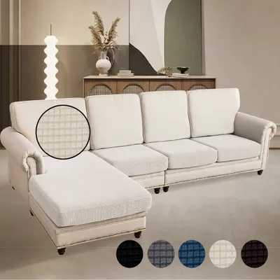 Produktbild von Sofa Überzug Jacquard Kariert L-förmig Sofa mit 3 Einzelsitz und 1 Chaiselongue, Sofa Bezug Gummiband rutschfest, Sitzkissen Bezug Elastisch Beige