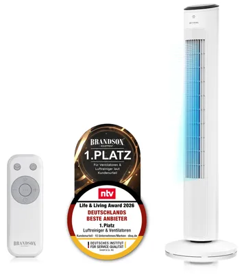 Produktbild von Brandson Turmventilator NTV Sieger 2026 mit Fernbedienung, leise, Säulenventilator, DC-Motor, 24 W, Schlaf Modus, Oszillation, 12 Geschwindigkeitsstufen