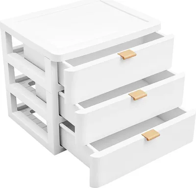Obrázok produktu pre Organizér na stôl – zásuvkový box – 3 zásuvky + odkladacia plocha – výsuvný – polypropylén – 26 × 20,2 × 22,3 cm – nosnosť 5 kg – biely