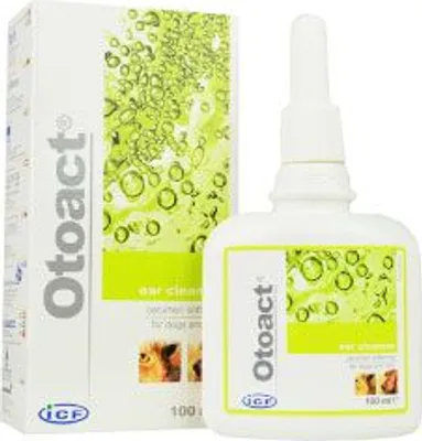 A product box and bottle of Otoact ear cleaner for dogs and cats.
