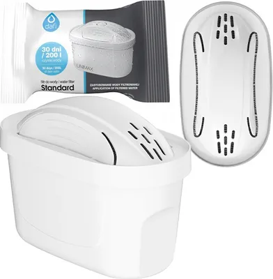 A white water filter pitcher and a packaged water filter cartridge are displayed against a white background.